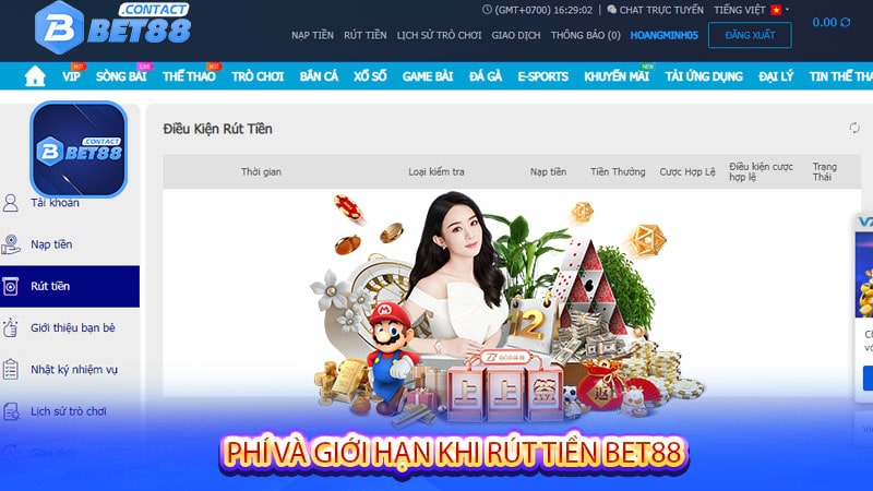 Phí và giới hạn khi rút tiền bet88